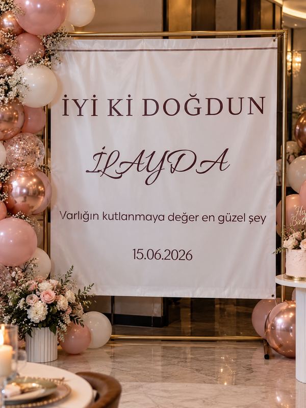 Kişiye özel doğum günü afişi: bordo yazıyla isim, mesaj ve tarih yazılı beyaz branda