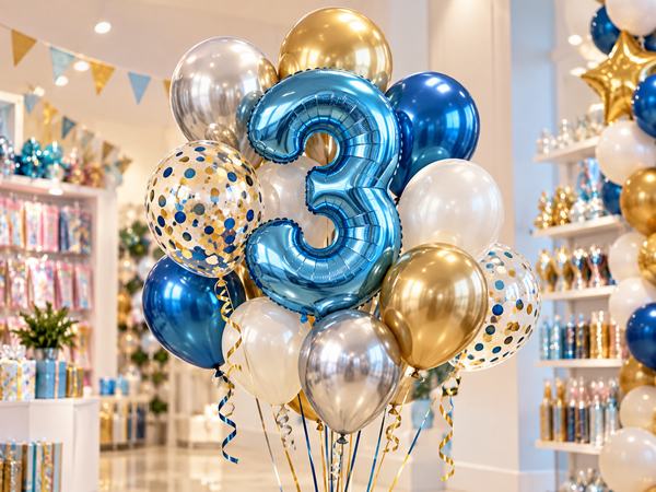 Rakam balonlu doğum günü balon buketi: mavi folyo rakam balonu, altın ve gümüş balonlar