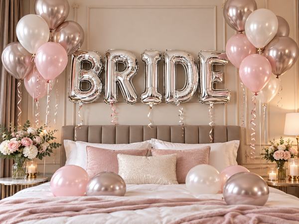 Bekarlığa veda süslemesi: gümüş folyo harf balonları ve pembe balon buketleri