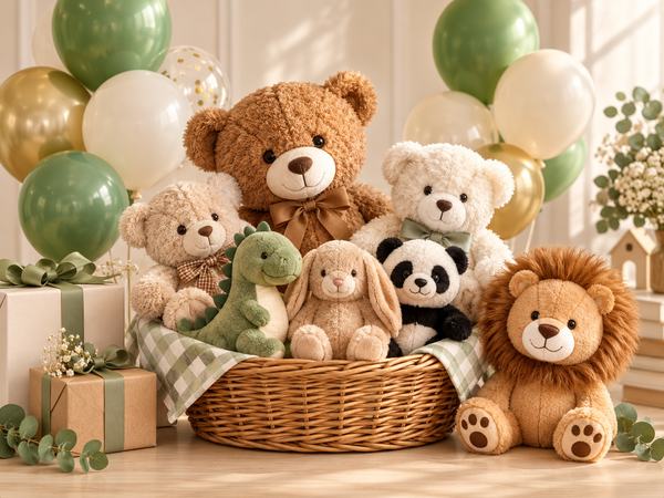 Peluş oyuncak çeşitleri: ayıcık, panda, tavşan, dinozor ve aslan peluş modelleri